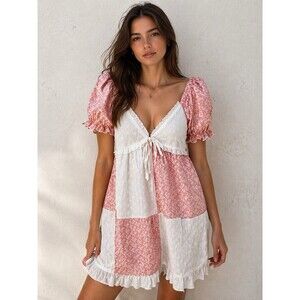 Patchwork Coquette Smocked Cottagecore Babydoll Dress Puff Sleeves Size M